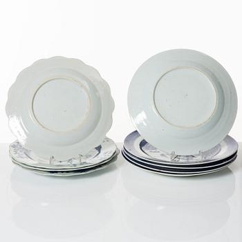 A group of nine Chinese blue and white export porcelain plates, Qing dynasty, 18th and 19th century.