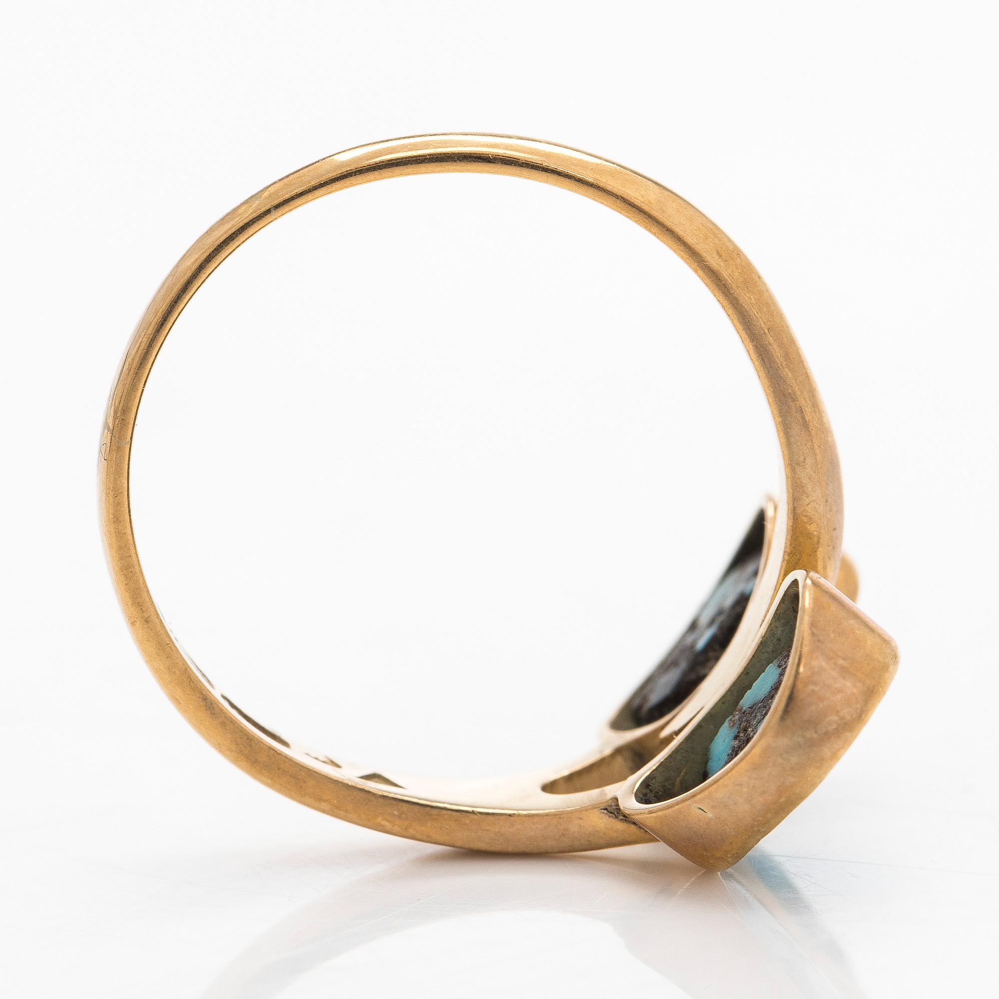 Ring, cabochon cut turquoise stones, 14K gold, Tillander, Helsinki 1957.