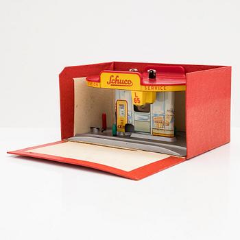 Schuco, toy, petrol station, model 3055, original packaging, Germany, mid-20th century.