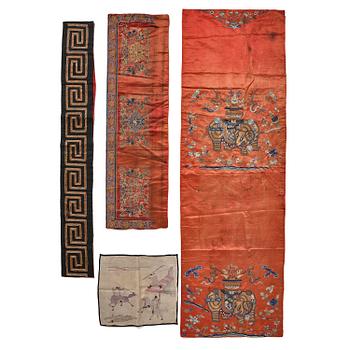 848. An embroidered chair cover and three silk fragments, Qing dynasty.