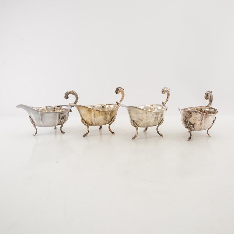 Sauceboats 4 similar Rococo-style silverplate early 20th century.