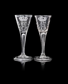 1387. A pair of Swedish wine glasses with the crowned monogram of King Gustavus III, 18th Century.