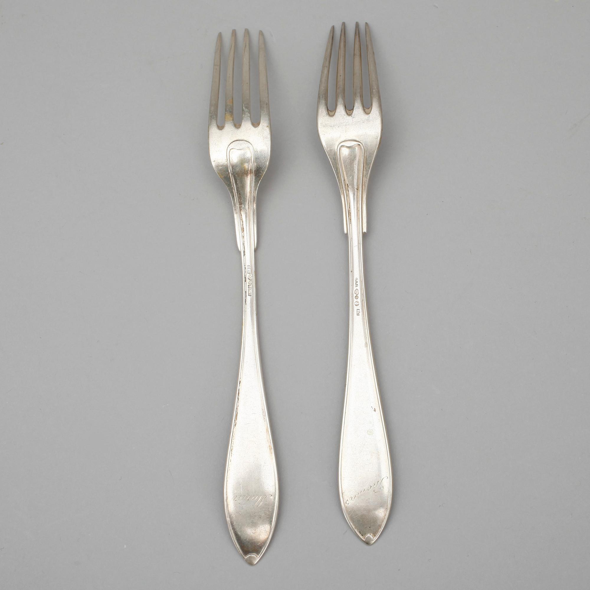 FISKSLEV samt GAFFLAR, 1+2, silver, bland annat Danmark, omkring 1900. Vikt ca 163 gram.