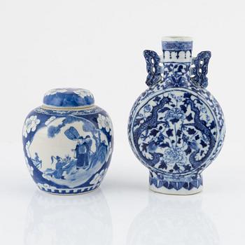 A blue and white moon flask, China, 19th century, and a blue and white ginger jar, China, around 1900.