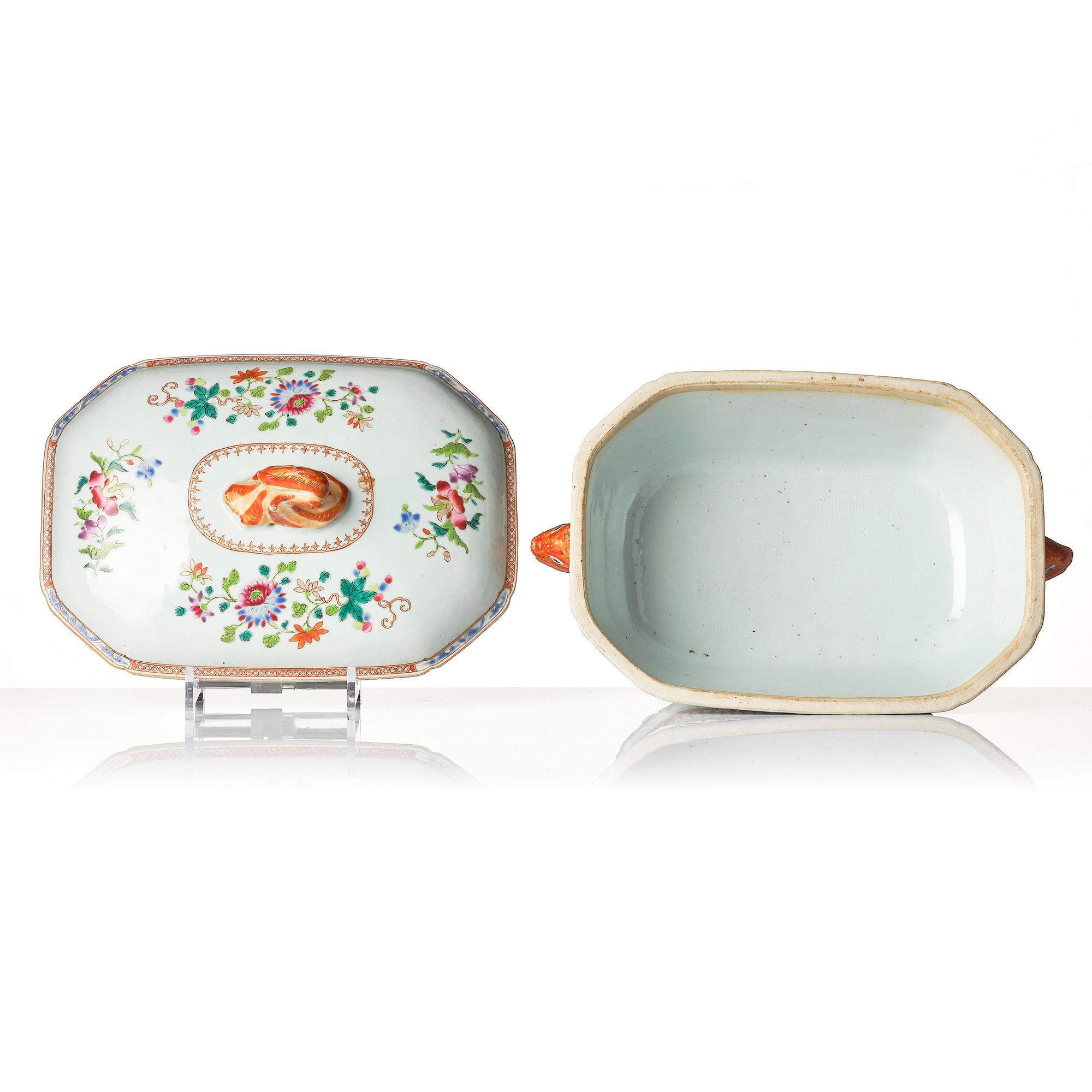 A famille rose 'double peacock' tureen with cover and stand, Qing dynasty, Qianlong (1736-95).