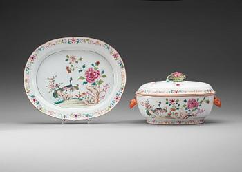 A large famille rose 'double peacock' tureen with cover and stand, Qing dynasty, Qianlong (1736-95).