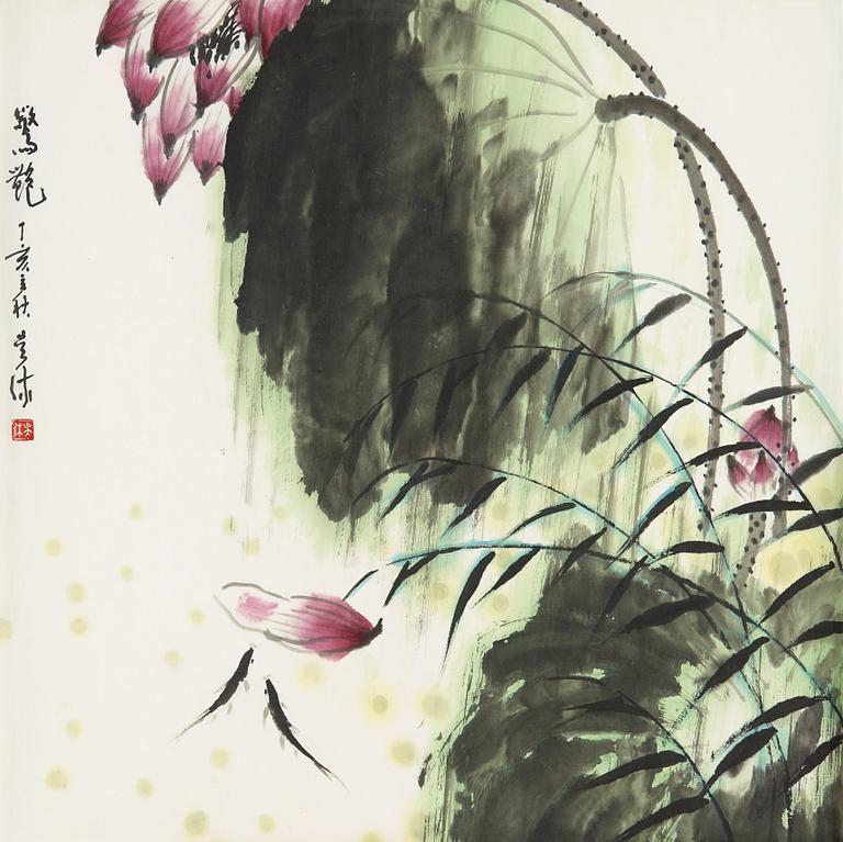MÅLNING, av Wu Xiu (1932-2015), "Louts and reed", signerad och daterad 2007.