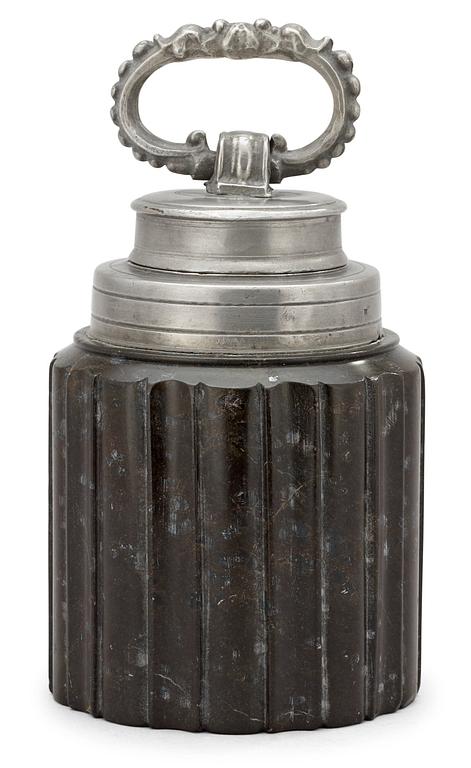 A Baroque 17th century serpentine stone and pewter jar with cover.