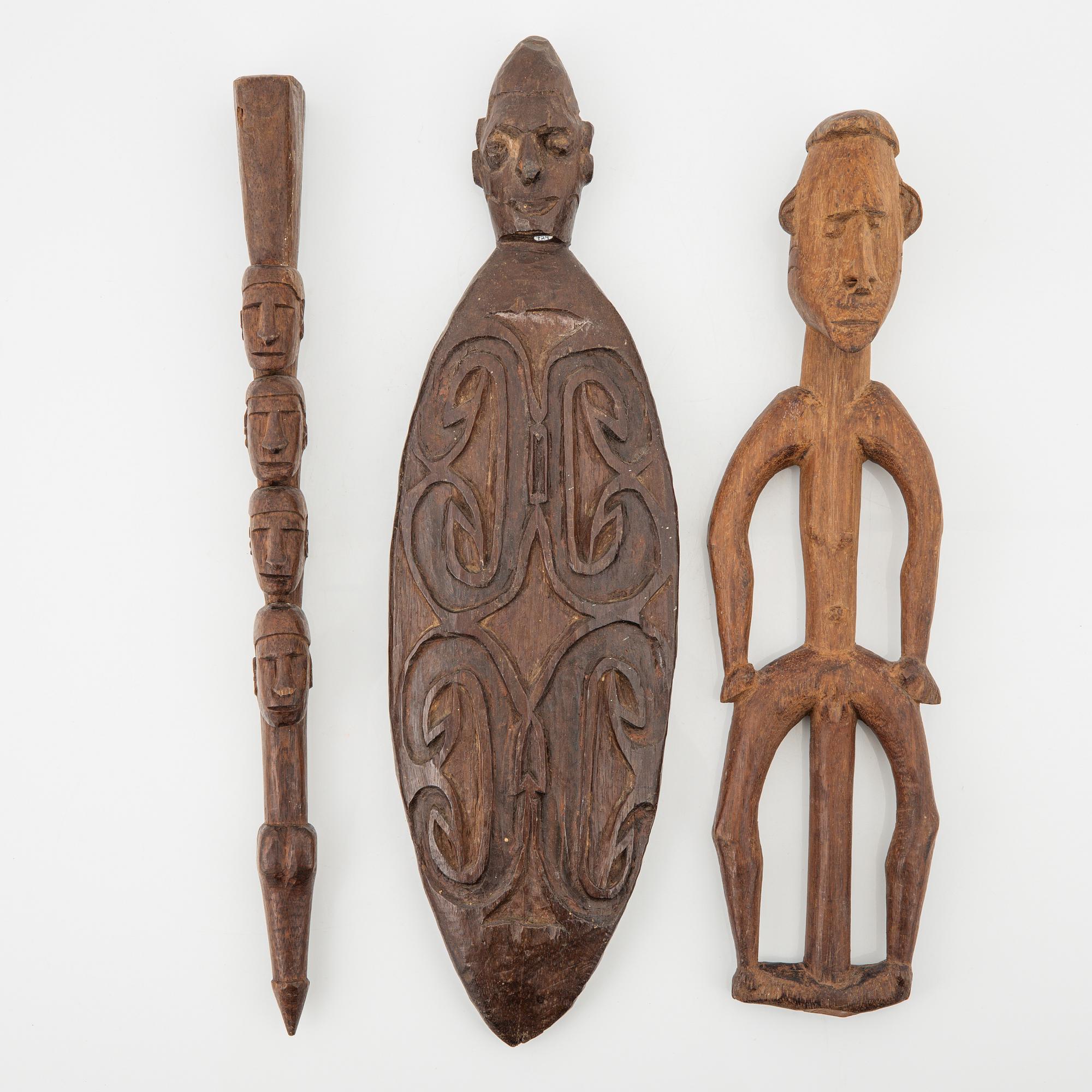A group of three Asmat wood carvings, Indonesia, Jakarta, 20th Century.