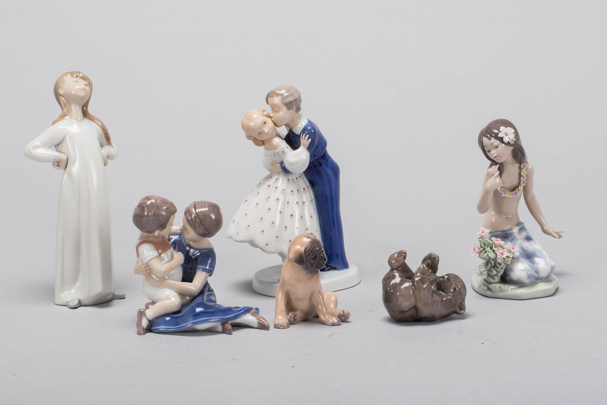 FIGURINER, 6 st, porslin, Lladró, Bing och Gröndahl och Royal Copenhagen.