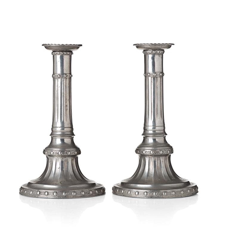 A pair of pewter candlesticks by Olof Martin Moberg, Jönköping 1791.