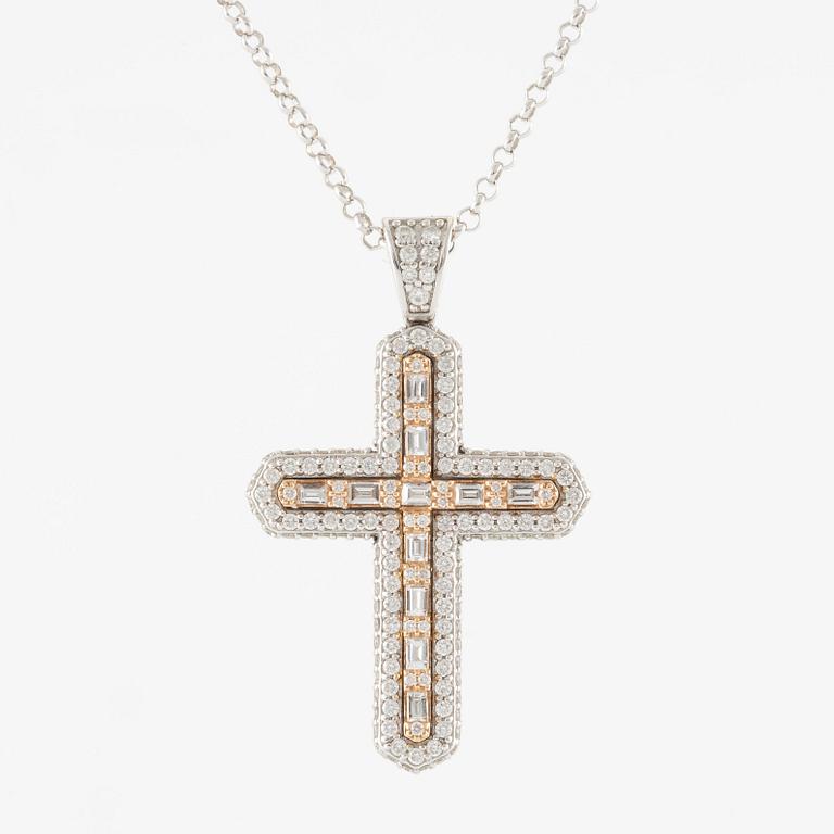 Necklace, 18K white gold in the form of a cross, set with baguette and brilliant-cut diamonds.
