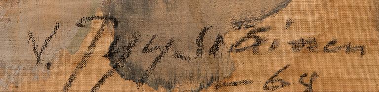 VALDEMAR PYYSIÄINEN, sekatekniikka kankaalle, kiinnitetty levylle, signeerattu ja päivätty -64.