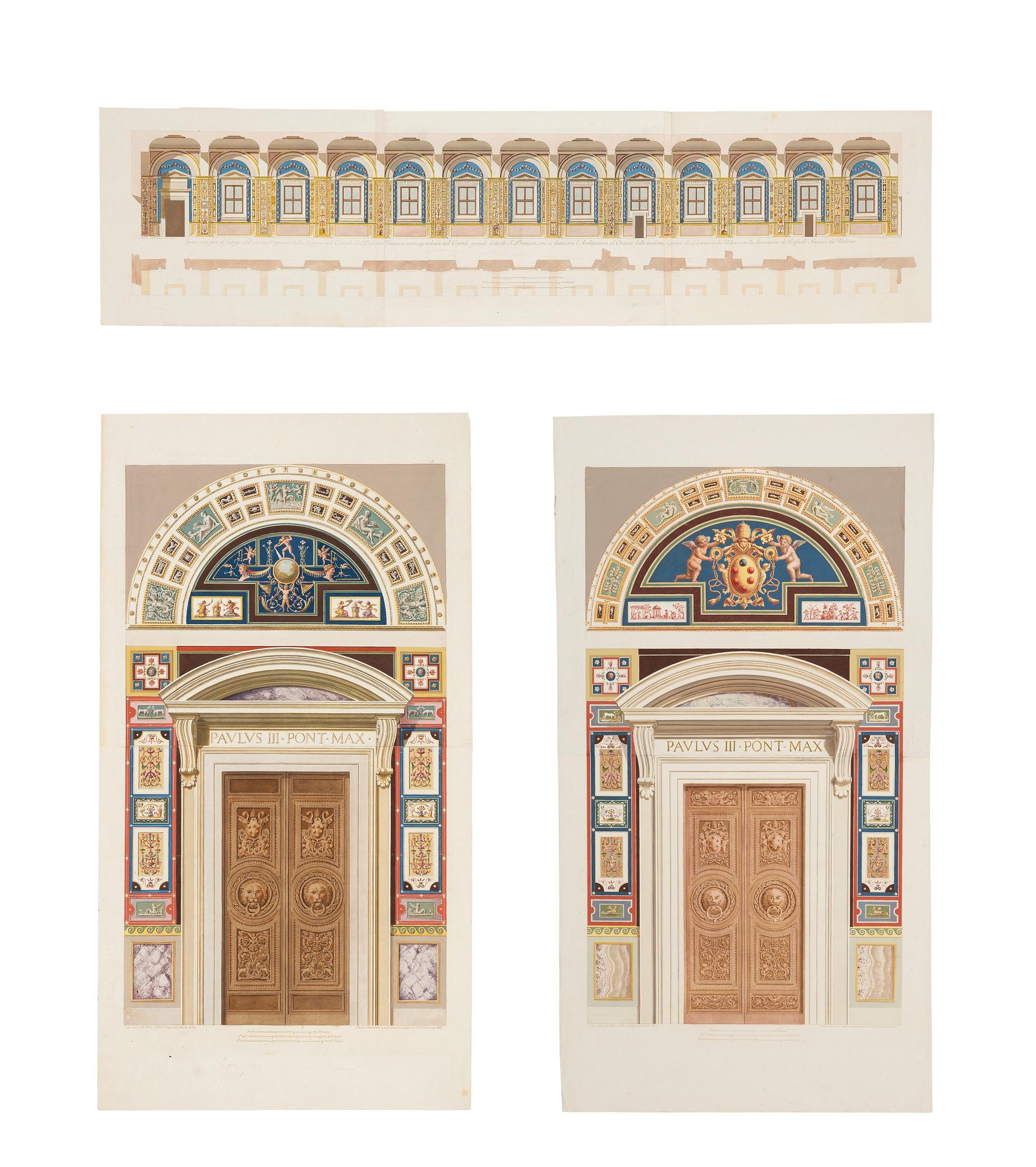 Giovanni Ottaviani, Two doorways and a vertical section from the Raphael Loggias in the Vatican.