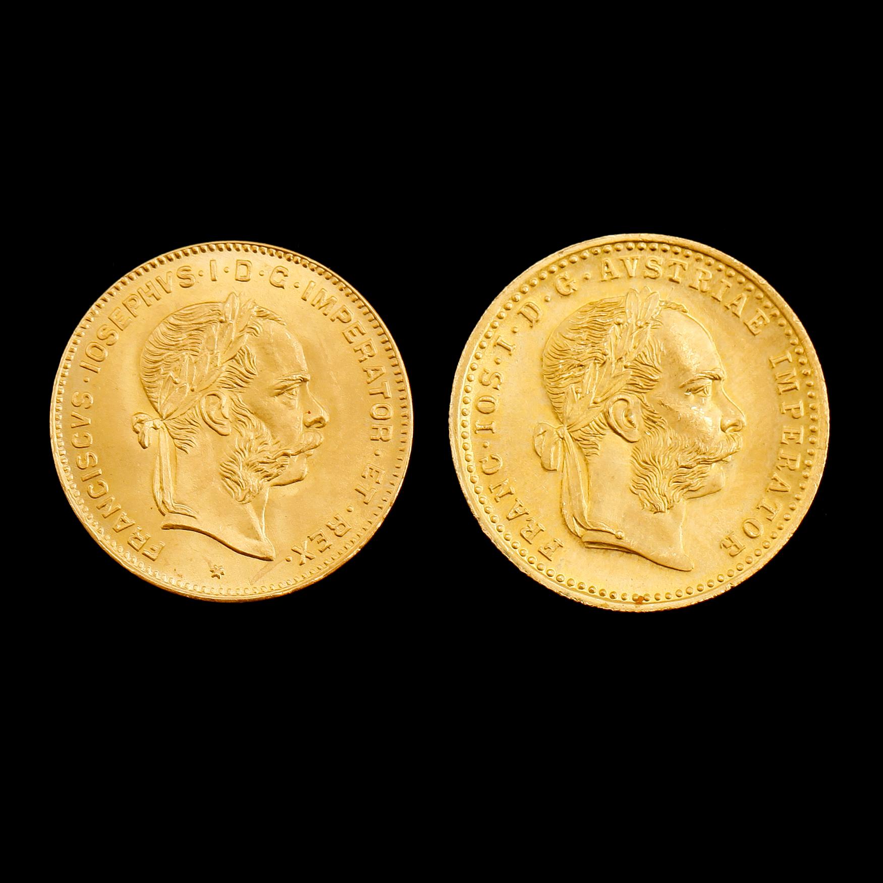 GULDMYNT, 2 st, Österrike-Ungern, 1892 och 1915. Vikt ca 7 gram.