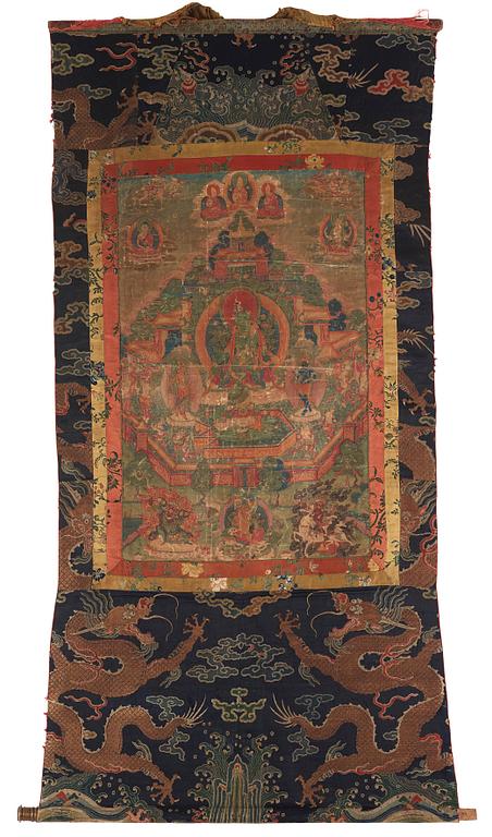 Thangka, grön Tara, tusch och färg på duk. Tibet, 1800-tal.