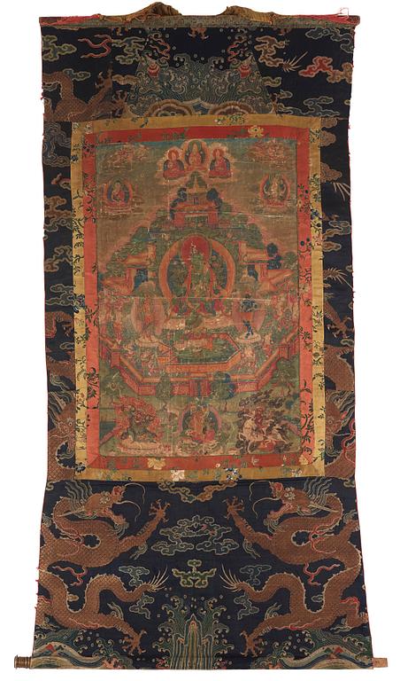 Thangka, grön Tara, tusch och färg på duk. Tibet, 1800-tal.