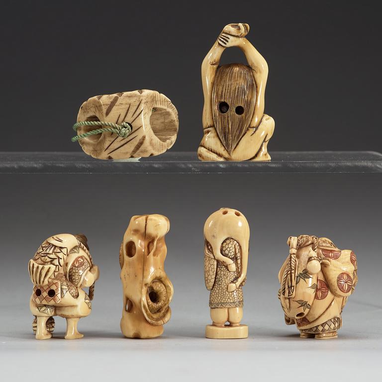 A set of six ivory and bone Japanese Netsukes, Meiji period.