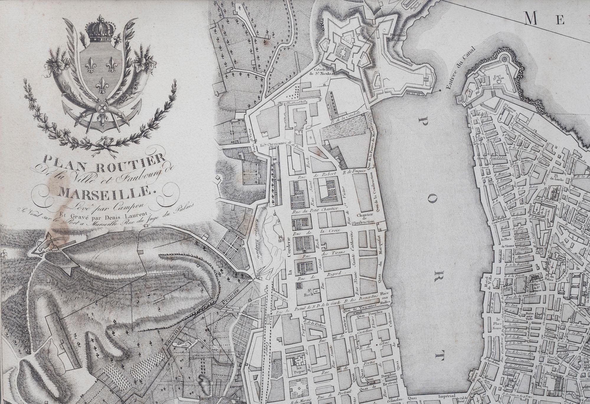 STADSKARAT, Plan Routier de la Ville de Marseille. Levé par Campen et Gravé par Denis Laurent. Omkring 1800.