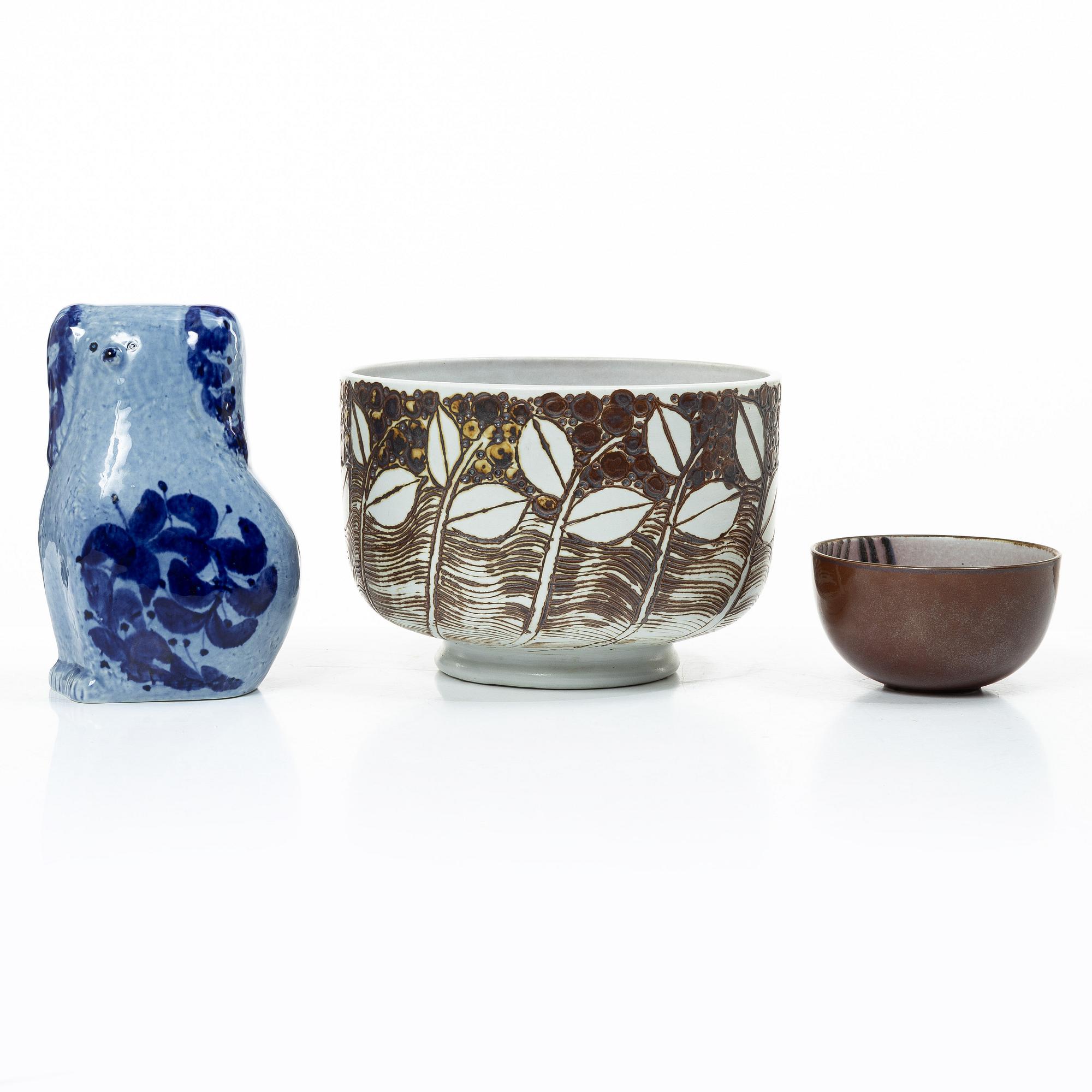 Lisa Larson, two bowls and a figurine, Gustavsberg.