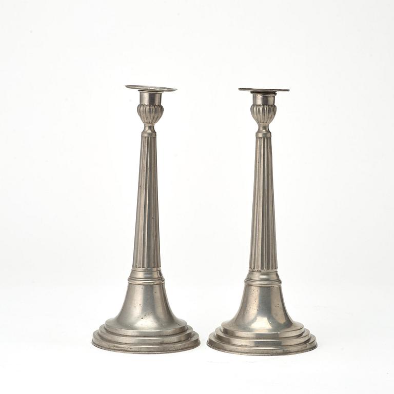 A pair of pewter candlesticks by Carl Bröske, Stockholm 1828.