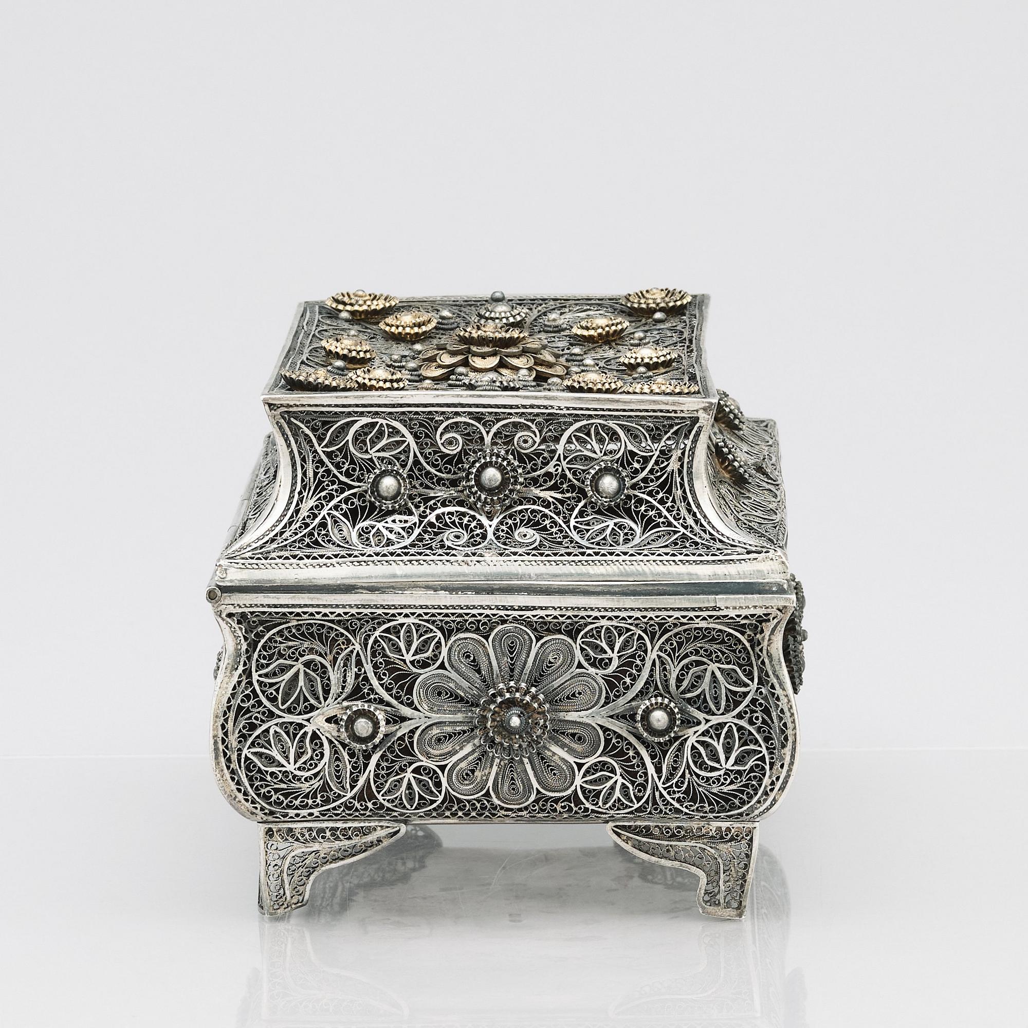 A 19th Century silver filigree box, unidentified makers mark R.K, Assay master mark of Ivan Lebedkin, Moscow 1898-1908.