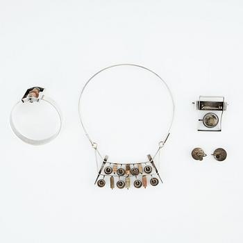 Inga-Britt "Ibe" Dahlquist, a sterling silver necklace, brooch (Olof Barve), earrings and a bangle executed in her own studio Malmö 1958-1959.