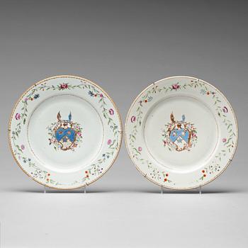 626. A pair of famille rose armorial dishes, Qing dynasty, Qianlong (1736-95).