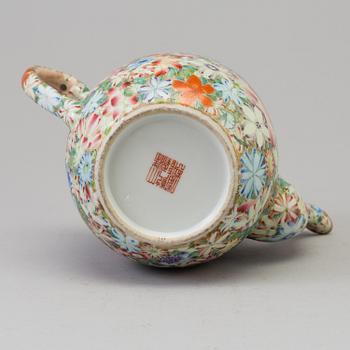 A Chinese famille rose 'mille fiori' porcelain teapot with cover, 20th century.