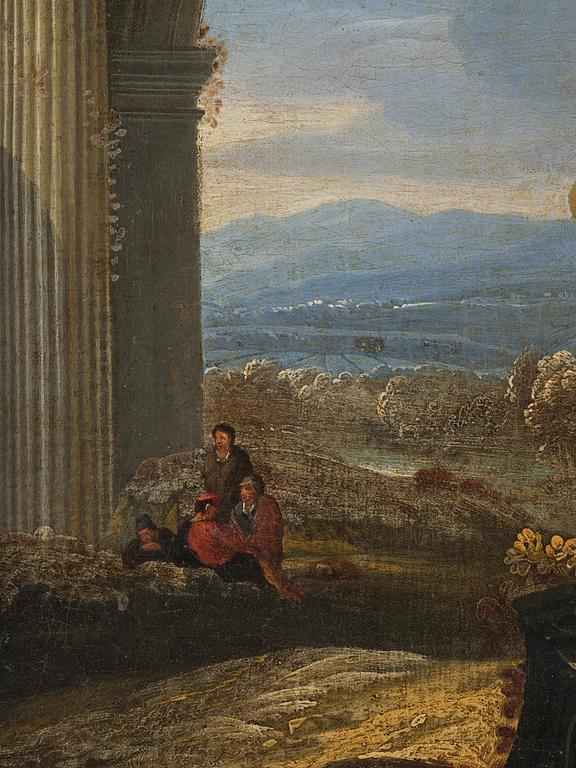 Giovanni Ghisolfi, follower of, Ruined landscape with resting figures.