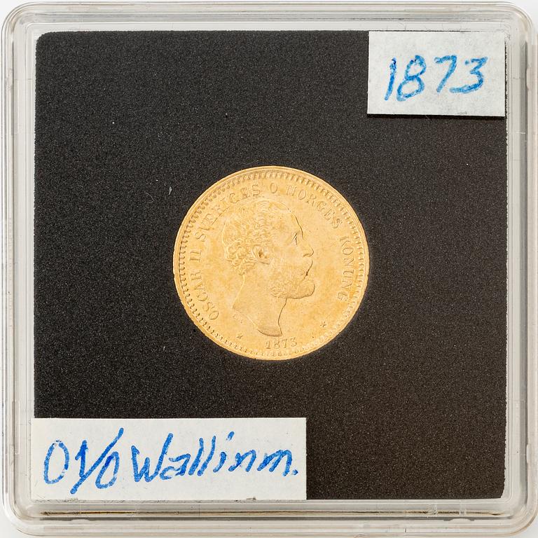 Gold coin, Oscar II, 10 kronor, type I, Sweden 1873.