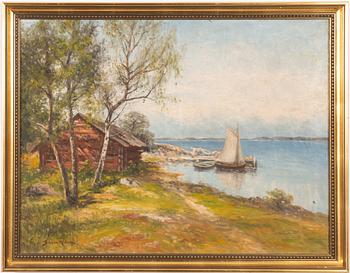 Severin Nilson, Lake Landscape with Sailing Boat by the Dock.