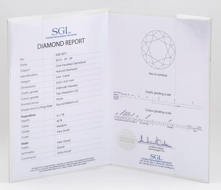 LÖS RUND BRILJANTSLIPAD DIAMANT 0.66 ct enligt certifikat.