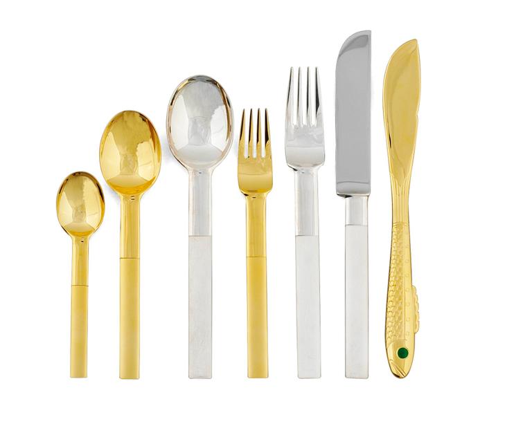 A Gunnar Cyrén set of 32 pcs of "Nobel" silver plated and gilt steel flatware for Gense.