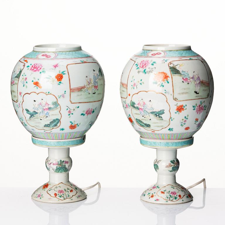 A pair of famille rose lanterns with stands, late Qing dynasty.