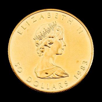 GULDMYNT, fine gold, 50 dollar, Elizabeth II, Canada, 1983. Vikt ca 31 gram.