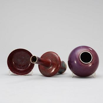 A set of two Stig Lindberg stoneware vases and a bowl, Gustavsberg Studio 1971 and 1980.