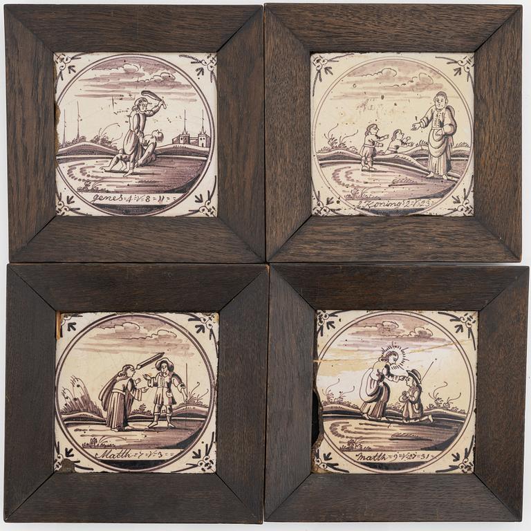 A group of four tiles, probably 18th Century, Holland.