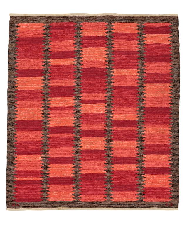 Berit Koenig, a carpet, "Viggen, röd", flat weave, ca 200 x 171,5-175 cm, signed BK SH.