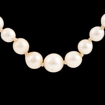 A calibrated cultured pearl necklace, clasp with diamonds.