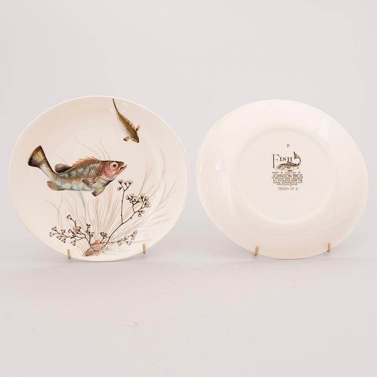 A set of 12 'Fish' dinner plates and two serving dishes, 'Fish' and 'Bird Game', Johnson Brothers, England.