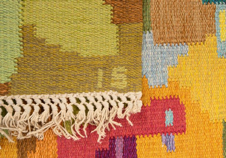 Ingegerd Silow, matta/vävnad Vårfåglar, signerad, 120x85 cm.