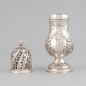 A French 19th/20th century silver sugar-caster. Rococo-style.