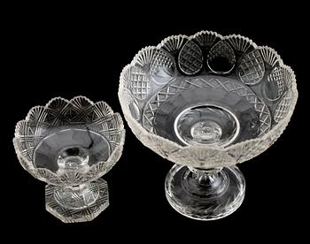 SKÅLAR PÅ FOT, 2 st, glas/kristall, omkring år 1900.