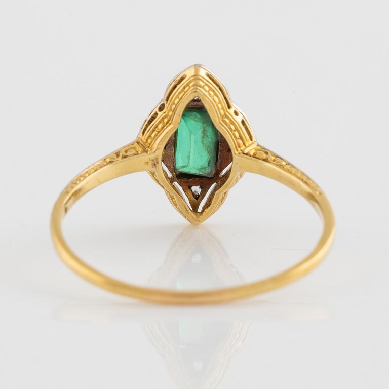 Gold, rose cut diamond and green paste ring.