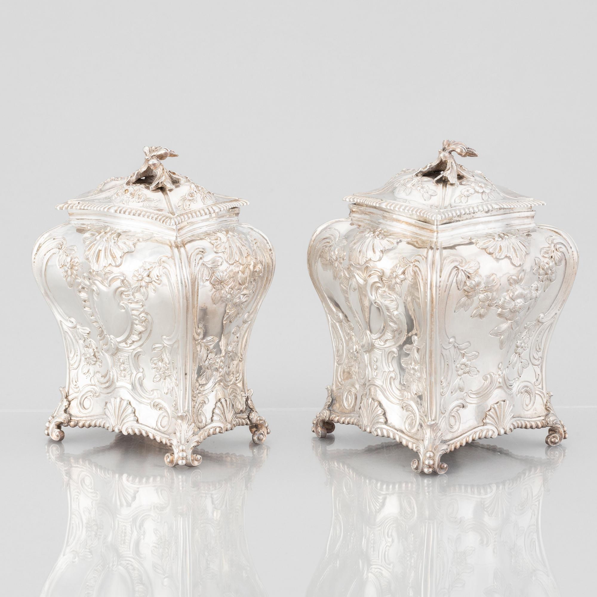 Two Tea caddys, silver, Emick Romer, London, 1762, and a mahogany casket.