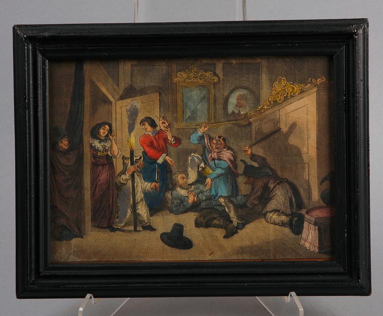 WILLIAM HOGARTH, efter, gravyrer, 9 st, handkolorerade, England 1700/1800.