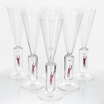 Bertil Vallien, six 'Millenium' champagne glasses, Kosta Boda.