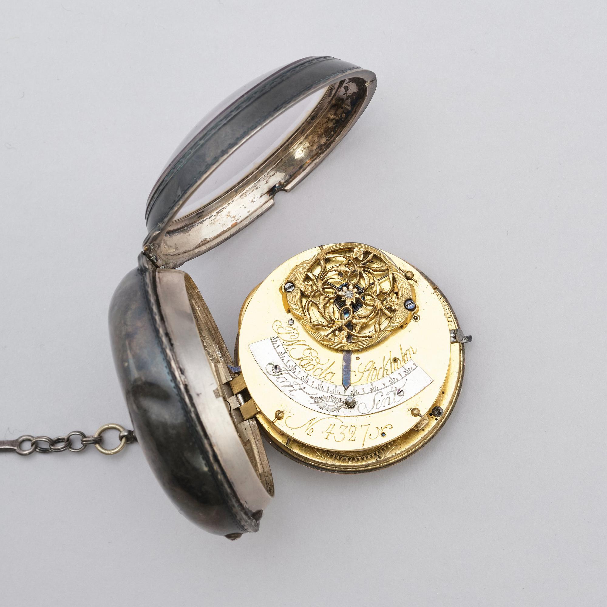 A silver pocket watch, P.N. v. Gedda Stockholm, silver 1772.