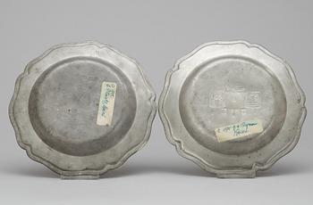 Two Swedish pewter rococo plates.
